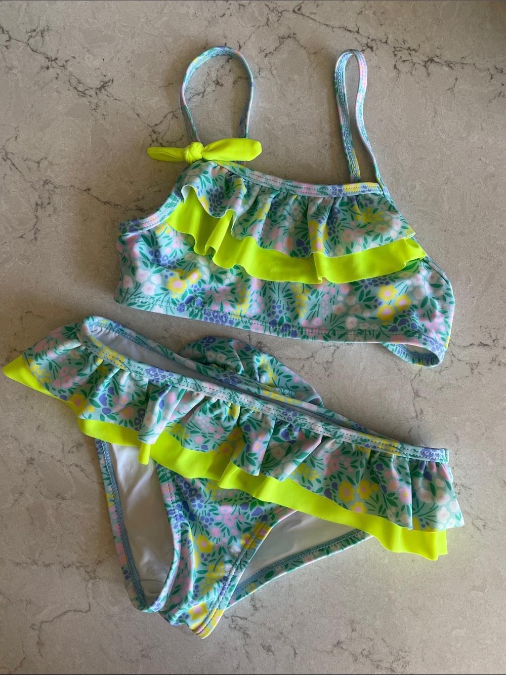 Girls Floral Ruffle Two-Piece Swim Set - Neon Yellow Accent NWOT
